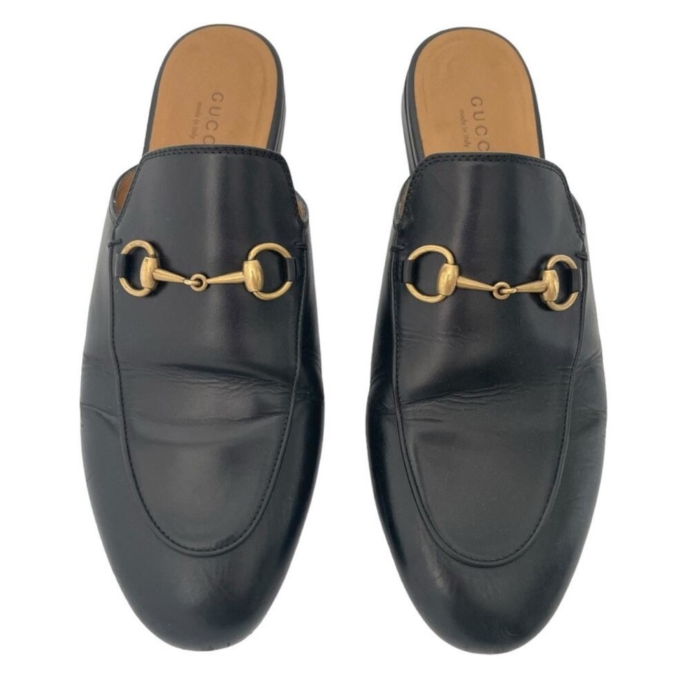 Gucci Black Leather Mules with Gold Hardware